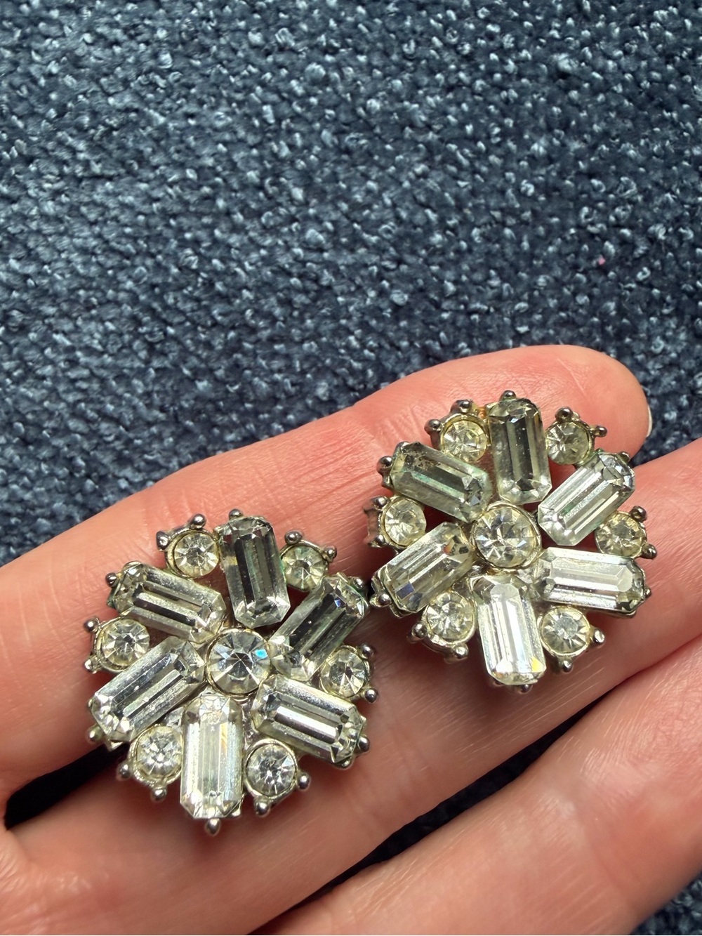 Vintage Clear Crystal Flower Clip-On Earrings